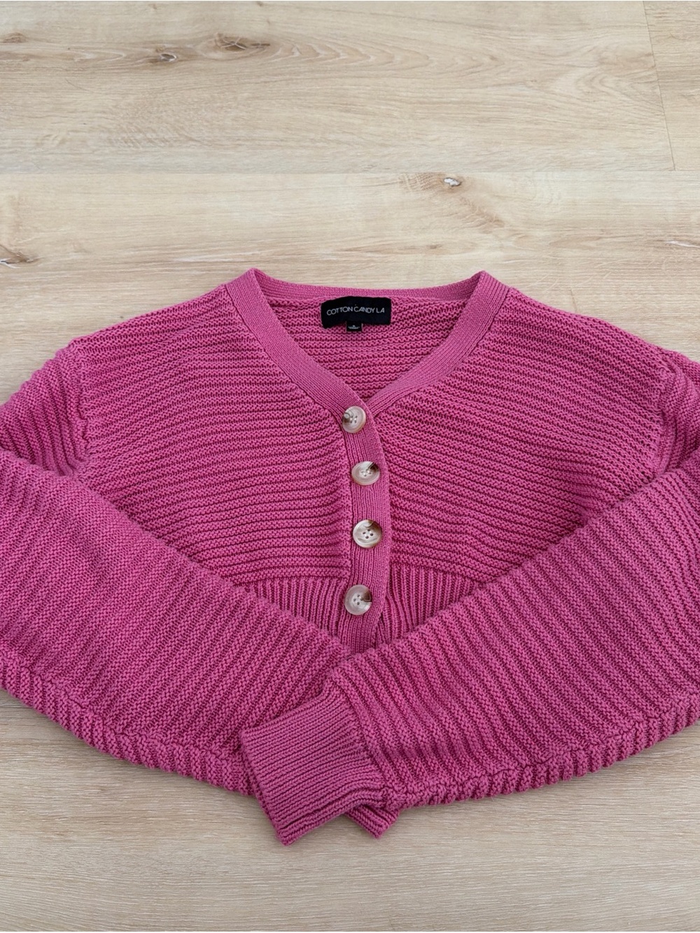 Cotton Candy Women's Raspberry Pink V‑Neck Button-Up Knit Sweater